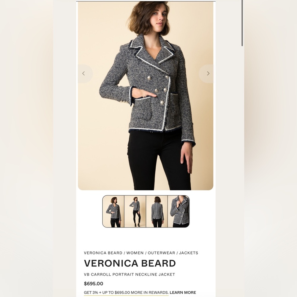 Veronica Beard Carroll Tweed Boucle Blazer Size O Navy White Knit Fringe Jacket
